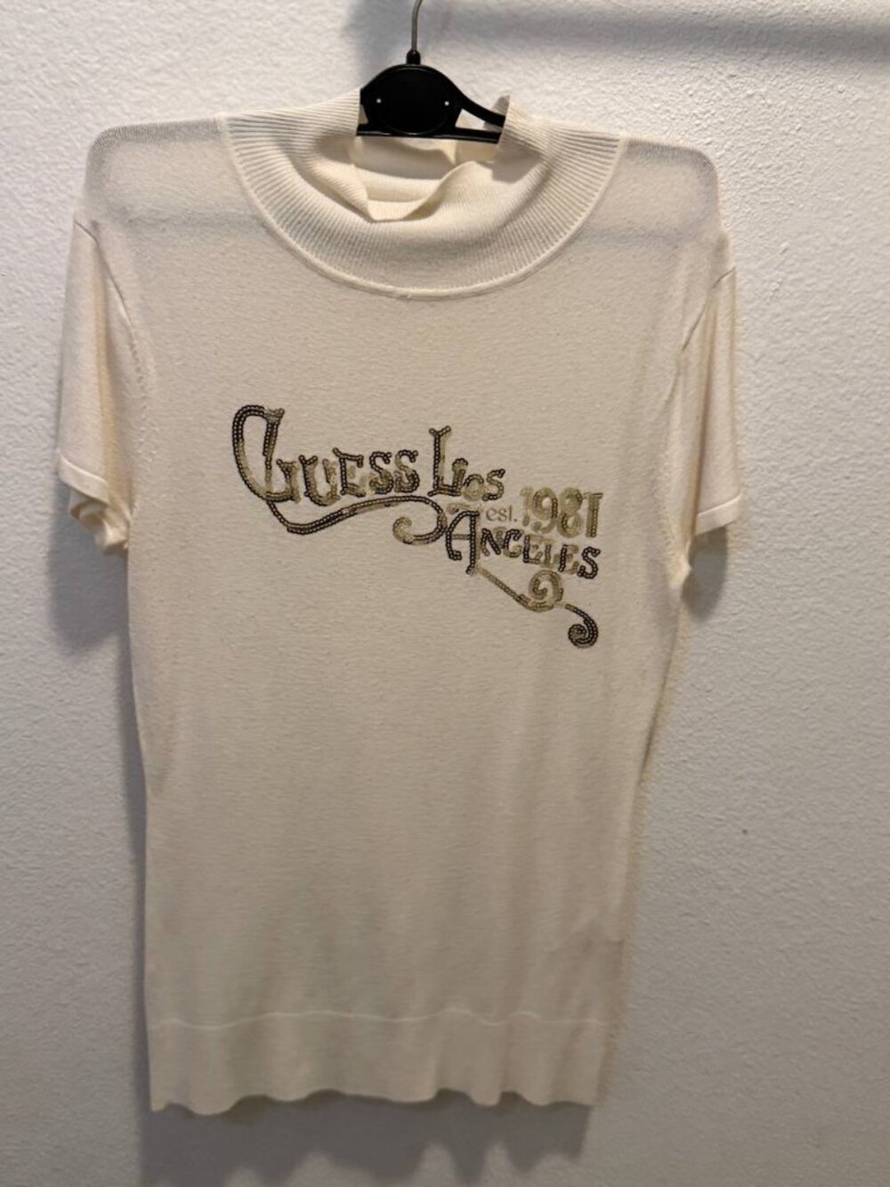 Guess Los Angeles Cream Metallic Embellished Mock Neck Short Sleeve Top